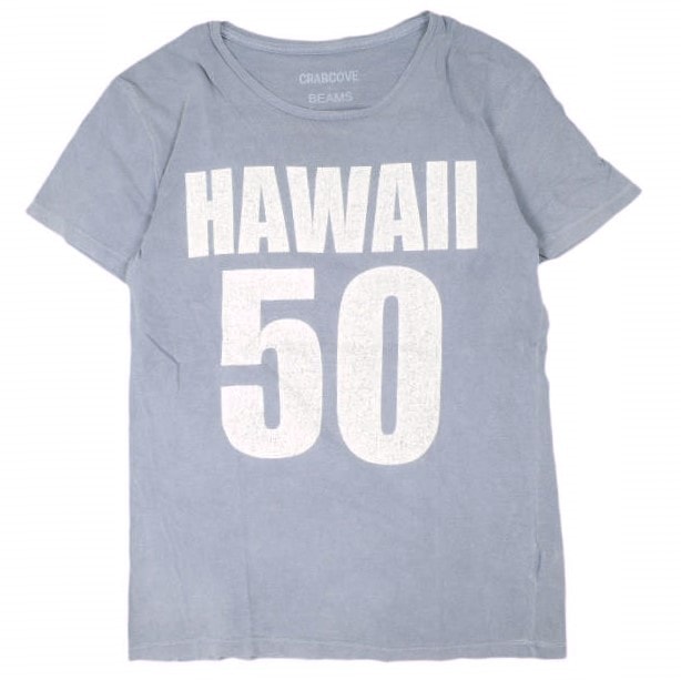 BEAMS x CRABCOVE ビームス クラブコーブ 別注 アメリカ製 HAWAII 50 TEE ヴィンテージ加工プリントTシャツ M Faded Blue 半袖 MADE IN USA トップス g25974