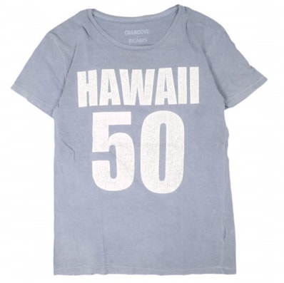 BEAMS x CRABCOVE ビームス クラブコーブ 別注 アメリカ製 HAWAII 50 TEE ヴィンテージ加工プリントTシャツ M Faded Blue 半袖 MADE IN USA トップス g25974