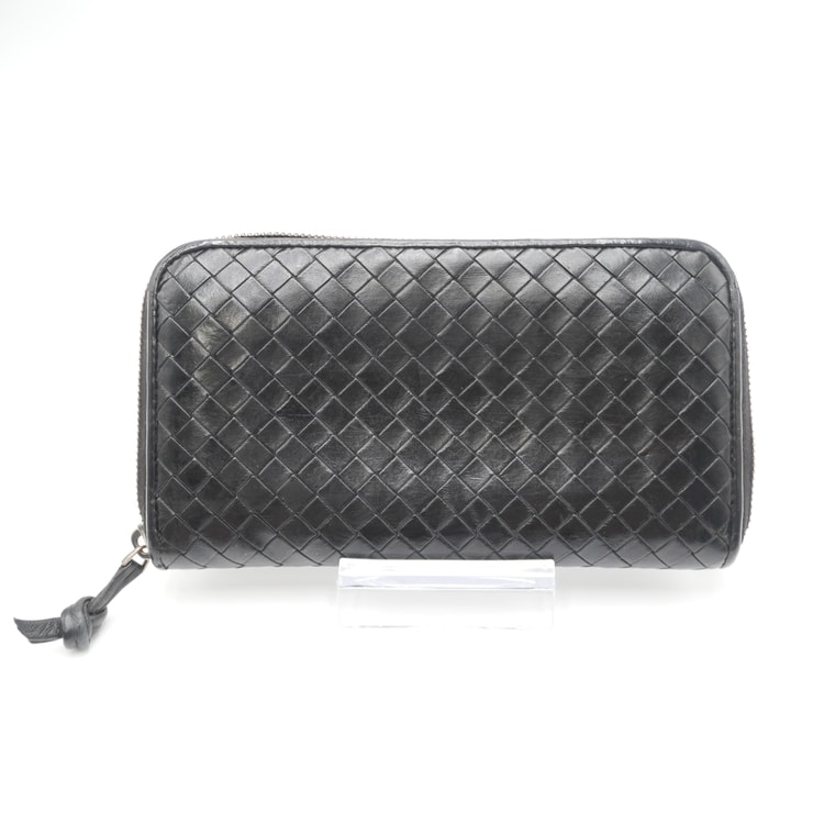 BOTTEGA VENETA(ボッテガヴェネタ)イントレチャート ラウンドファスナー長財布 ブラック レザー レディース メンズ ユニセックス【中古】