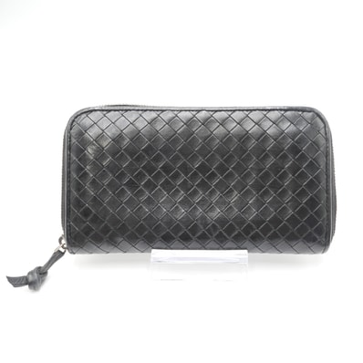 BOTTEGA VENETA(ボッテガヴェネタ)イントレチャート ラウンドファスナー長財布 ブラック レザー レディース メンズ ユニセックス【中古】