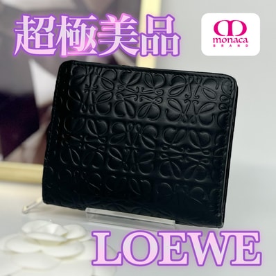 超極美品 LOEWE リピートアナグラム コンパクト 二つ折り財布 マットブラック レディース メンズ