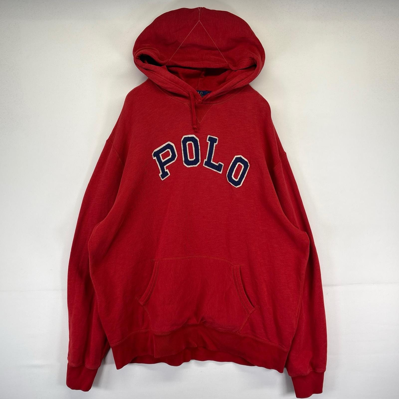古着 ポロ・ラルフローレン POLO RALPH LAUREN パーカー 前V 大きいサイズ フード スウェット ワッペン 2XL  レッド系 メンズ