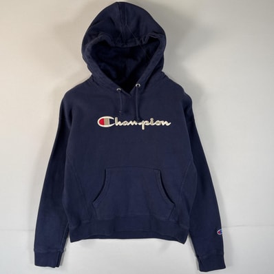 古着 チャンピオン Champion パーカー リバースウィーブ ビッグロゴ刺繍 復刻 プルオーバー MEDIUM ネイビー レディース