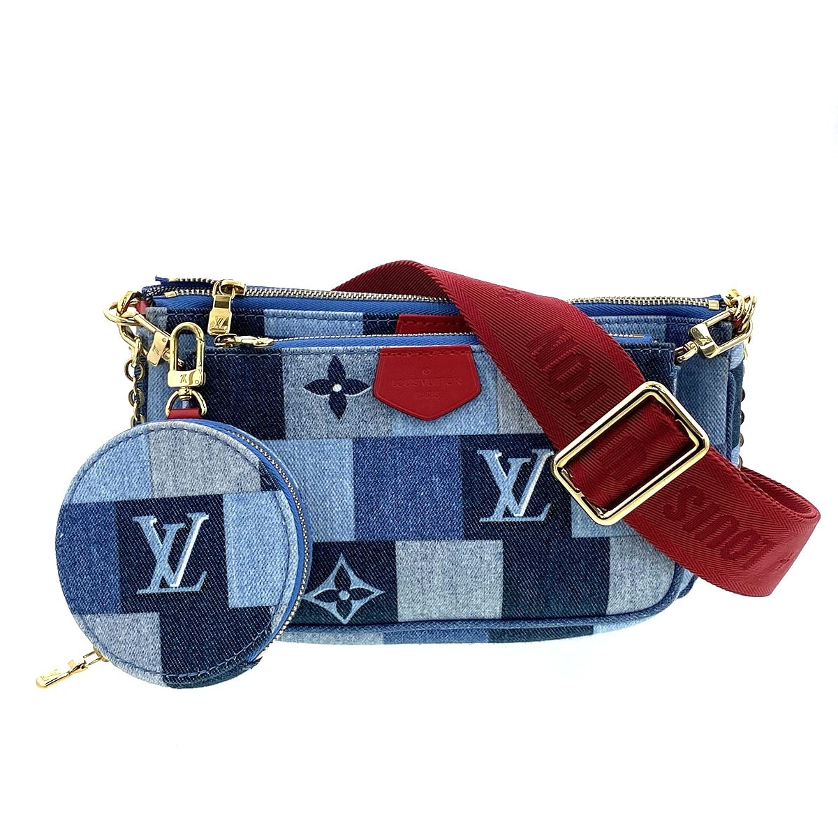 【値下げ】 LOUIS VUITTON ルイ・ヴィトン ミュルティ ポシェット アクセソワール モノグラム デニム 2WAY ショルダーバッグ ショルダーバッグ M44990 デニム キャンバス ブルー レッド  レディース【中古】