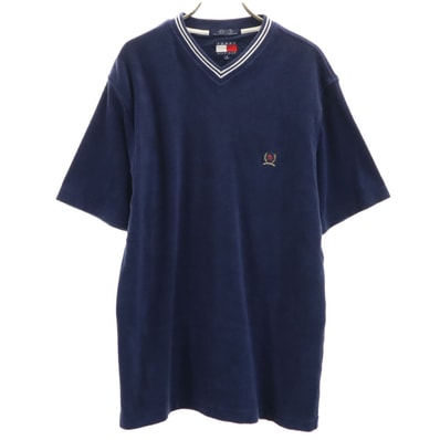 TOMMY HILFIGER トミーヒルフィガー 90s オールド 半袖 パイル地 Vネック Tシャツ S ネイビー