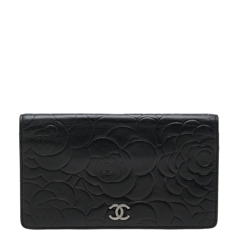 シャネル ココマーク カメリア 長財布 ブラック ラムスキン レディース CHANEL 【中古】
