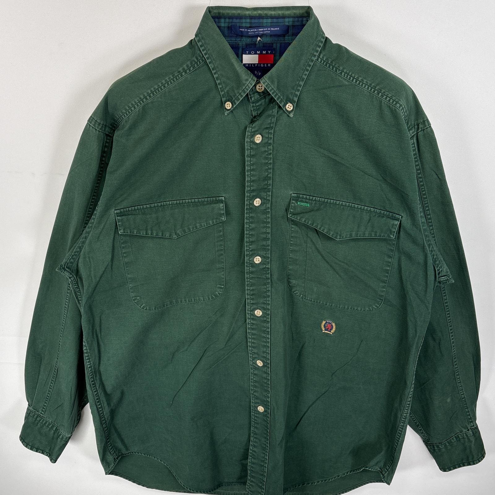 古着 90's/90年代 トミーヒルフィガー TOMMY HILFIGER 長袖シャツ ボタンダウンシャツ フラップポケ ワンポイント ロゴ 刺繍 S  グリーン 無地 メンズ