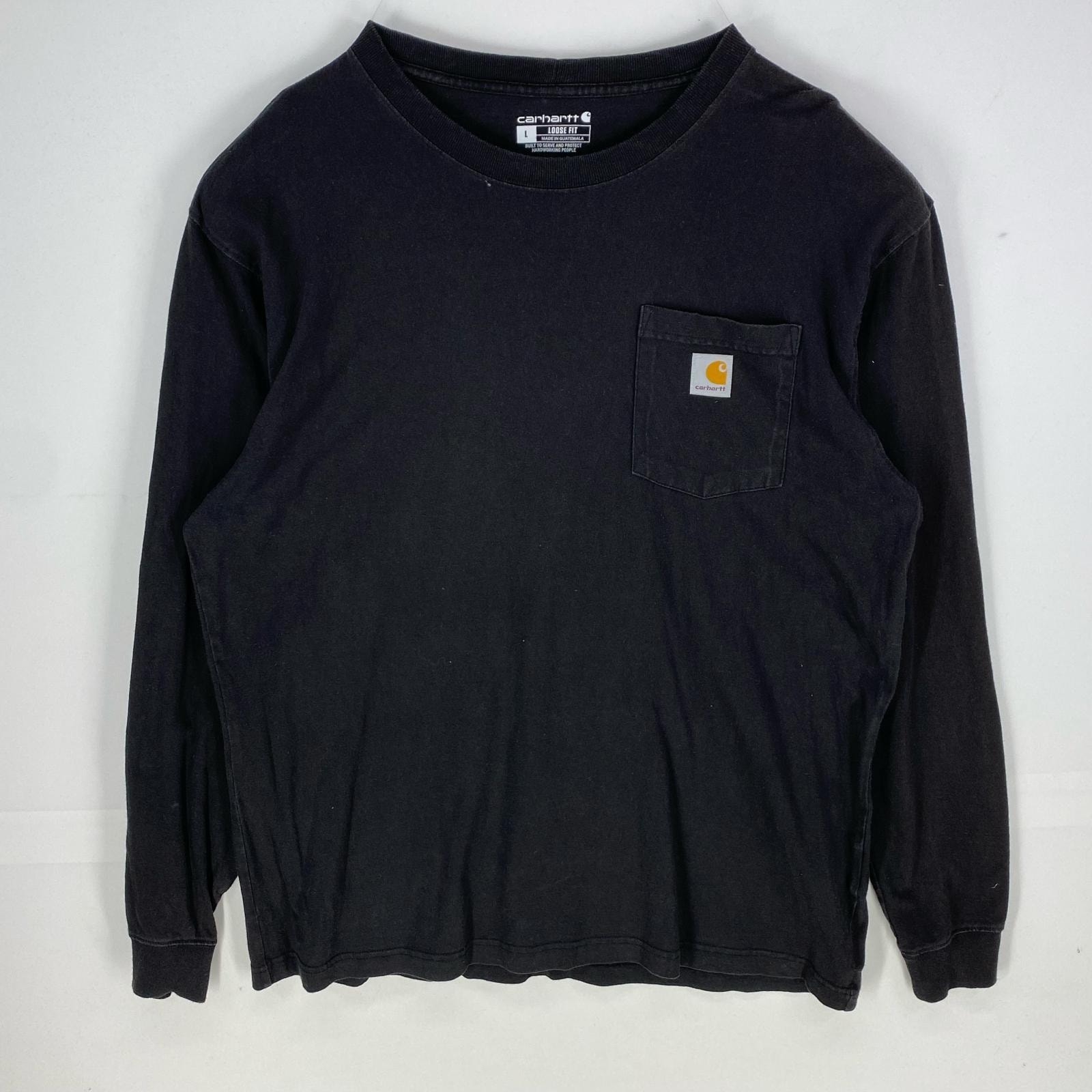 古着 カーハート Carhartt 長袖Tシャツ ワンポイント 胸ポケット ロゴ プルオーバー ロンT L  ブラック系 メンズ