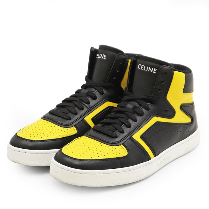 SALE【極美品】CELINE セリーヌ スニーカー レザー ハイカット CT-01 ロゴ プリント バイカラー レースアップ シューズ 靴 箱・紐付属 メンズ サイズ 42 ブラック イエロー 黒 黄 MU0281