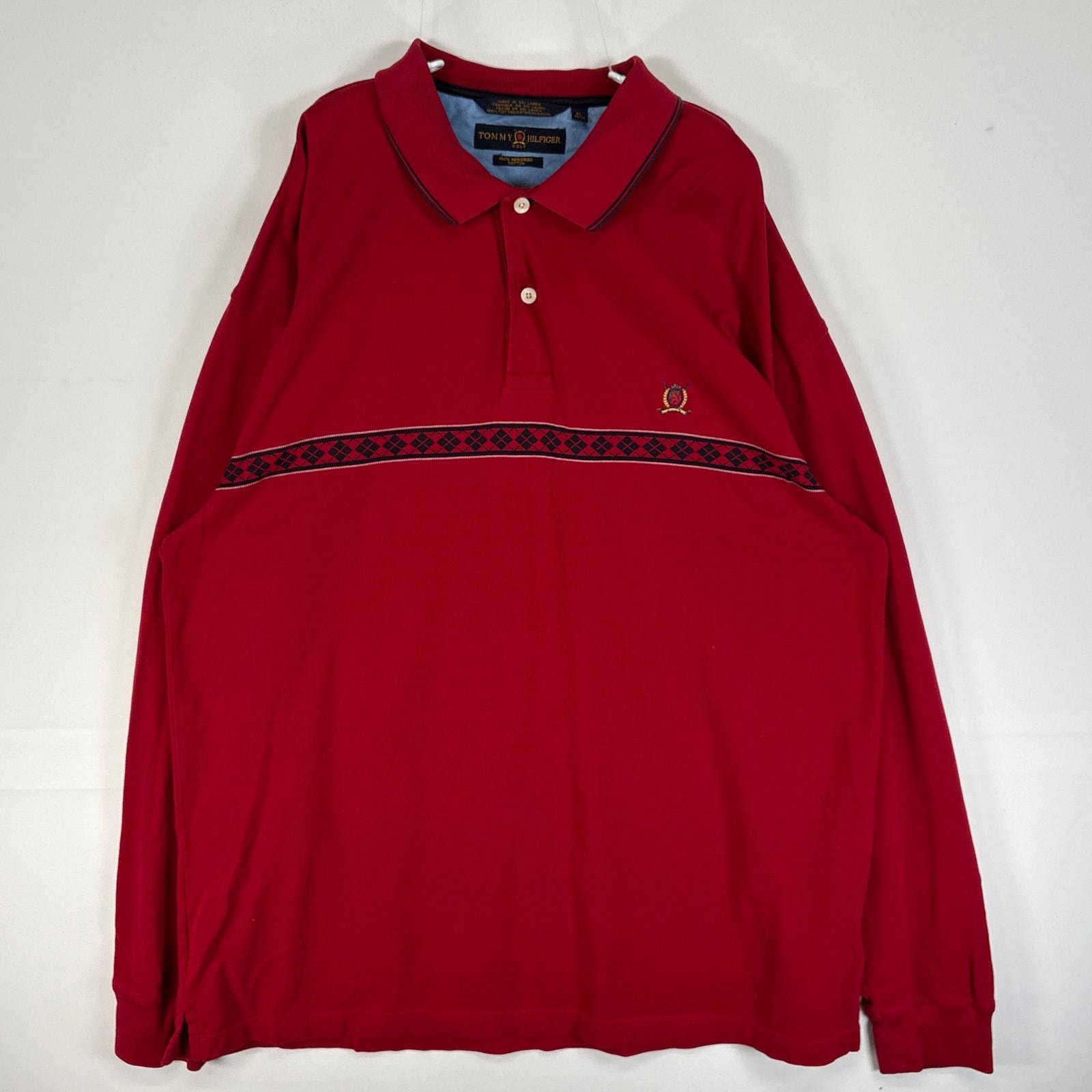 古着 トミーヒルフィガー TOMMY HILFIGER 鹿の子 長袖 ポロシャツ アーガイル ロゴ 刺繍 XL  レッド 総柄 メンズ