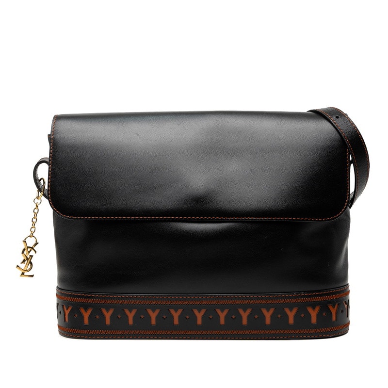 サンローラン ヴィンテージ Yカット 斜めかけ ショルダーバッグ ブラック ブラウン系 レザー レディース SAINT LAURENT 中古