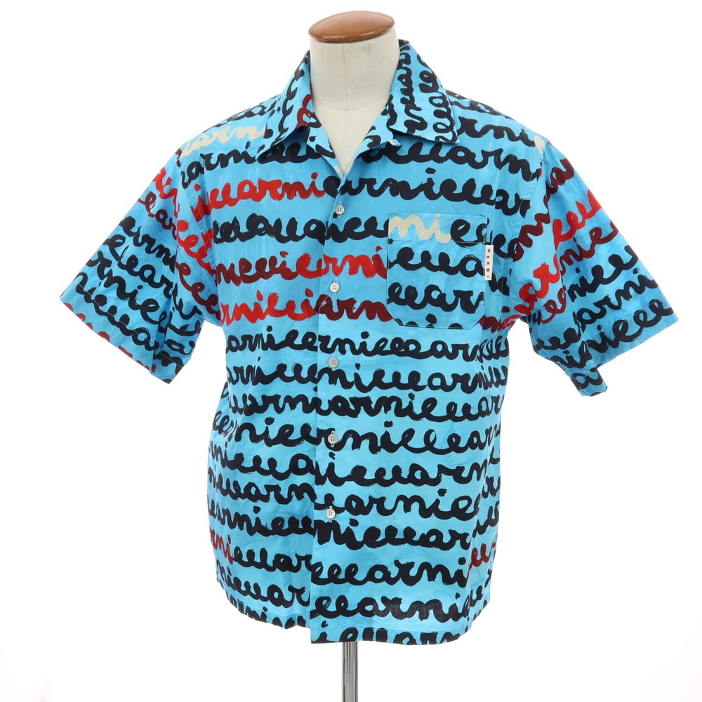 【中古】マルニ MARNI × Flaminia Veronesi コットン プリント オープンカラー 半袖シャツ ブルー【サイズ46】【メンズ】