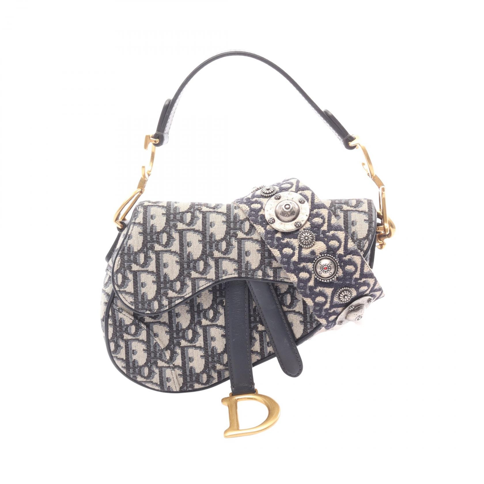 ディオール Dior サドルバッグ ミニ オブリークジャカード ハンドバッグ バッグ キャンバス レザー レディース アイボリー系 / ネイビー系 【中古】