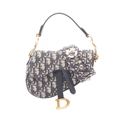 ディオール Dior サドルバッグ ミニ オブリークジャカード ハンドバッグ バッグ キャンバス レザー レディース アイボリー系 / ネイビー系 【中古】