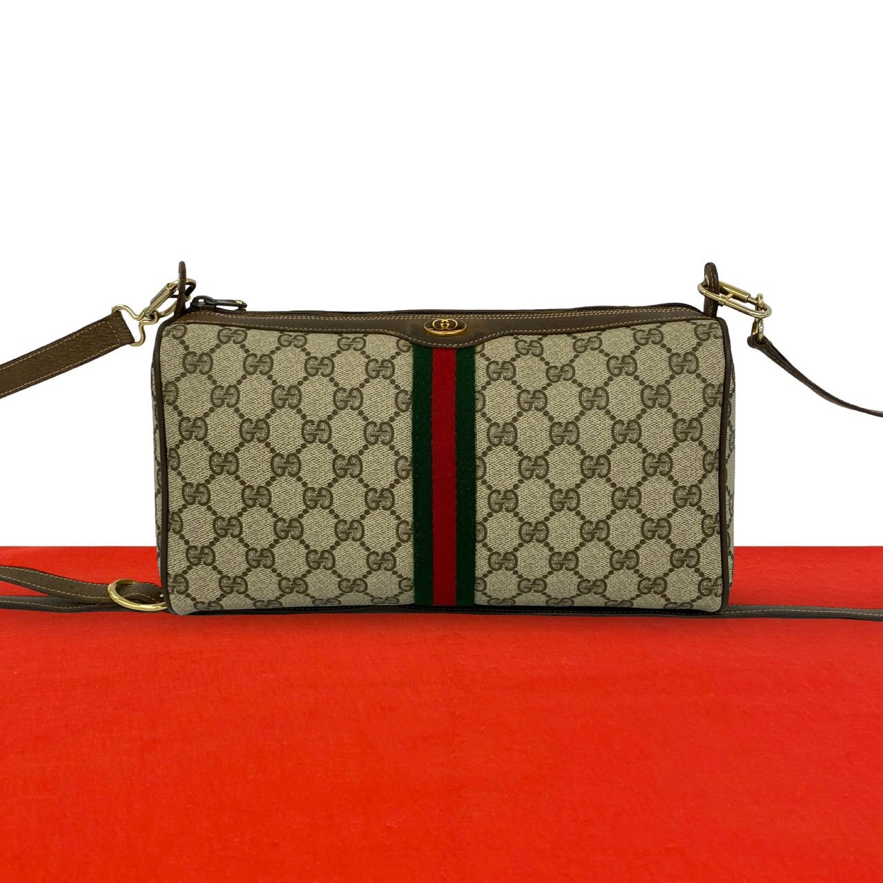 GUCCI グッチ シェリーライン GG 柄 ロゴ 金具 レザー PVC ショルダーバッグ ブラウン
38505