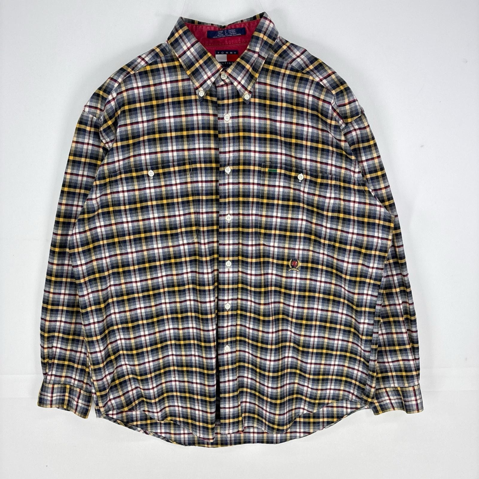 古着 トミーヒルフィガー TOMMY HILFIGER 長袖シャツ ボタンダウン オンブレ調 胸ポケット L  ブラック系 チェック メンズ