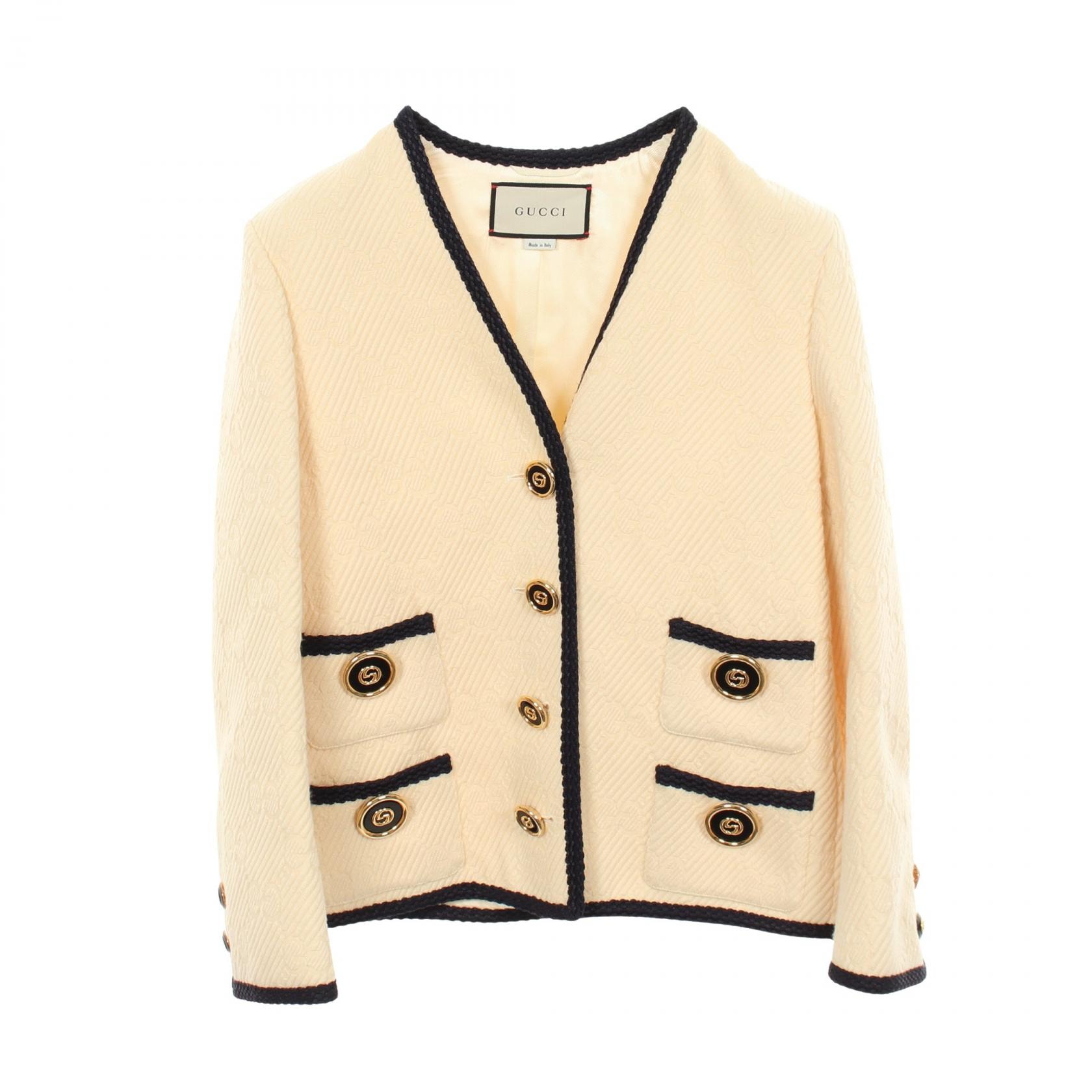 グッチ GUCCI GGジャガード ノーカラージャケット 衣料品 アウター ウール シルク レディース ベージュ系 / ネイビー系 【中古】