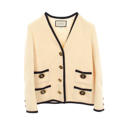 グッチ GUCCI GGジャガード ノーカラージャケット 衣料品 アウター ウール シルク レディース ベージュ系 / ネイビー系 【中古】