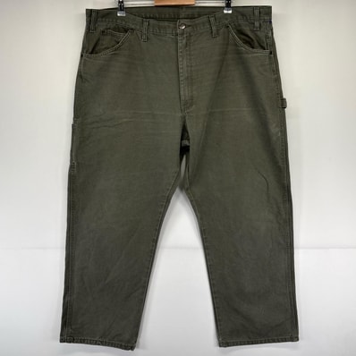 古着 ディッキーズ Dickies ダック パンツ ワーク ワンポイントロゴ ハンマーループ ジッパーフライ W44 L30 グリーン系 メンズ