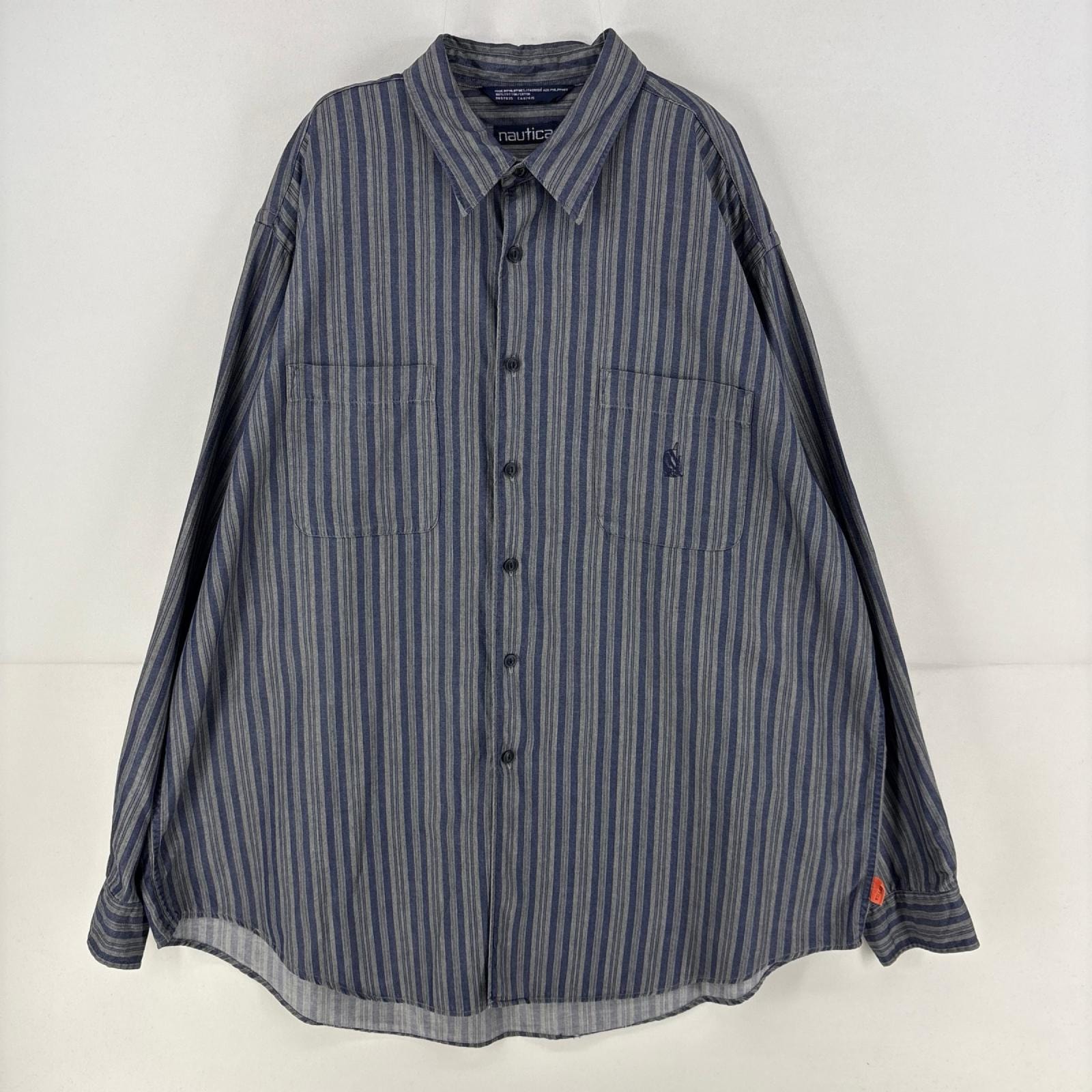 古着 90's/90年代 ノーティカ NAUTICA 長袖シャツ 大きいサイズ ロゴ 刺繍 胸ポケット 2XL  ネイビー系 ストライプ メンズ