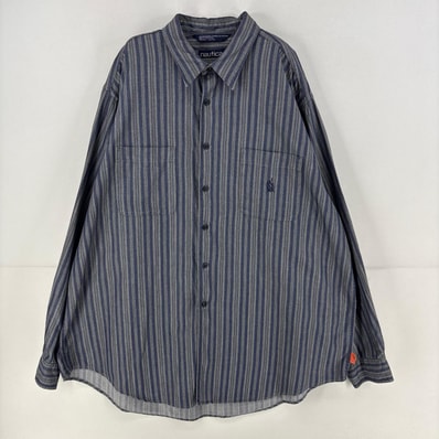 古着 90's/90年代 ノーティカ NAUTICA 長袖シャツ 大きいサイズ ロゴ 刺繍 胸ポケット 2XL ネイビー系 ストライプ メンズ