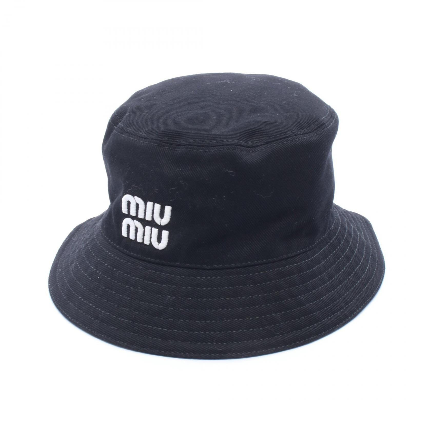 ミュウ ミュウ Miu Miu ロゴ刺繍 バケット ハット 帽子 コットン レディース ブラック系 5HC196 【中古】