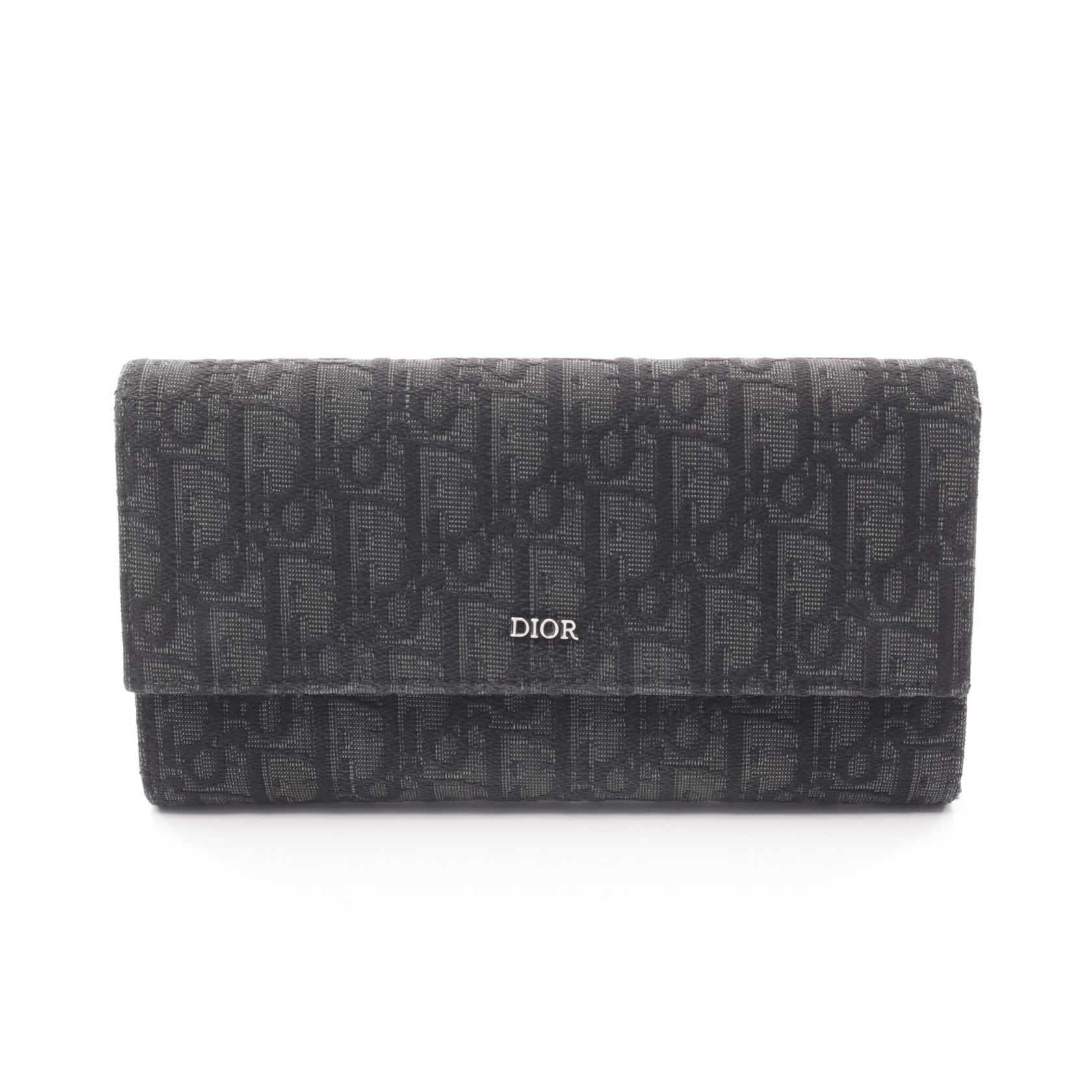 ディオール Dior オブリークジャカード ロングフラップウォレット 二つ折り長財布 財布 キャンバス メンズ ブラック系 【中古】
