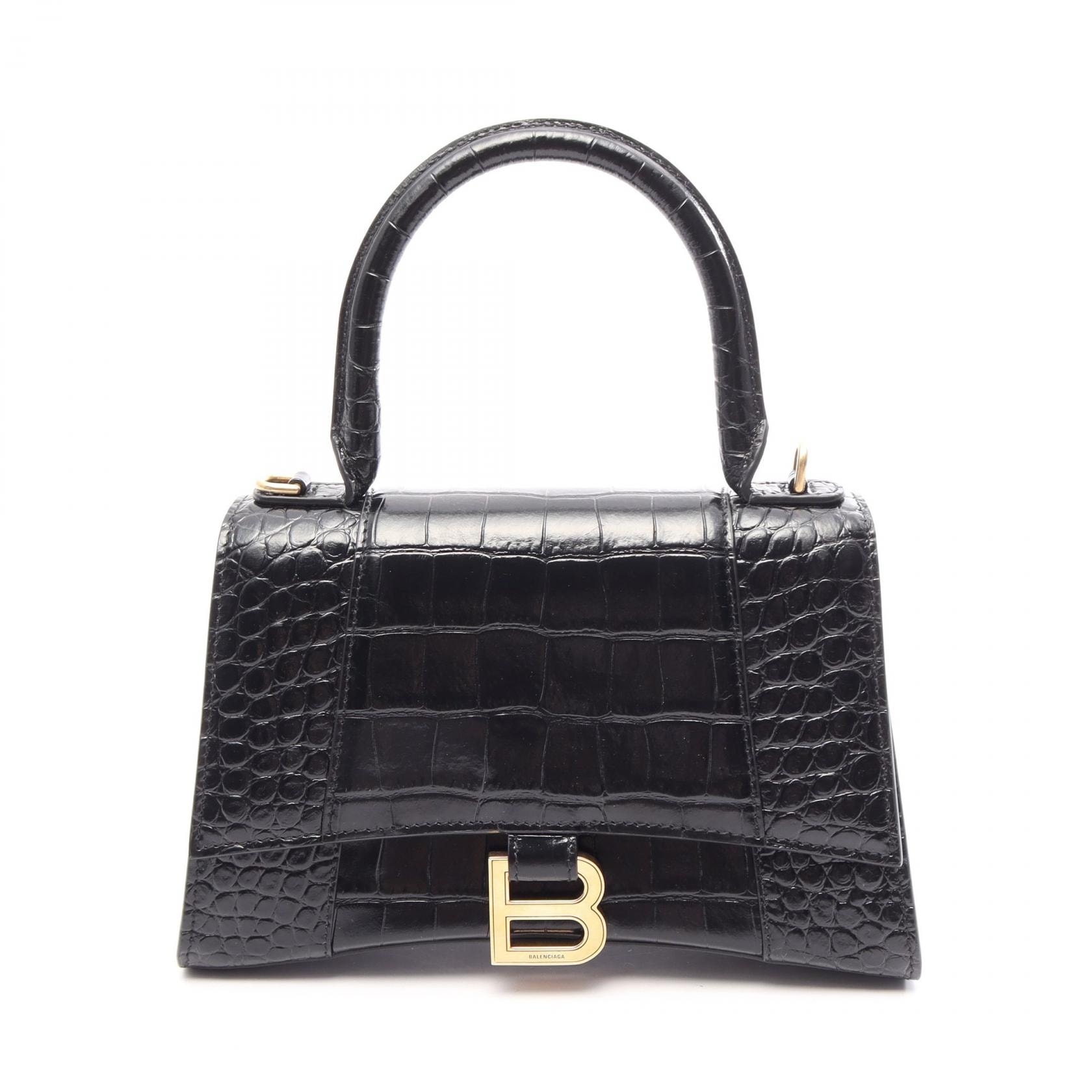 バレンシアガ BALENCIAGA アワーグラス スモール クロコ型押し ハンドバッグ バッグ レザー レディース ブラック系 5935461 【中古】