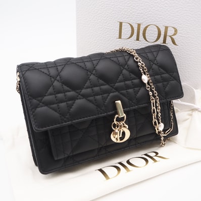美品 Christian Dior クリスチャンディオール カナージュ ラムスキン My Dior デイリーチェーンポーチ S0937ONMJ 2wayショルダーバッグ ブラック ゴールド ラムスキン レディース