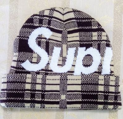 Supreme Big Logo Beanie "Tan Plaid" (23FW)