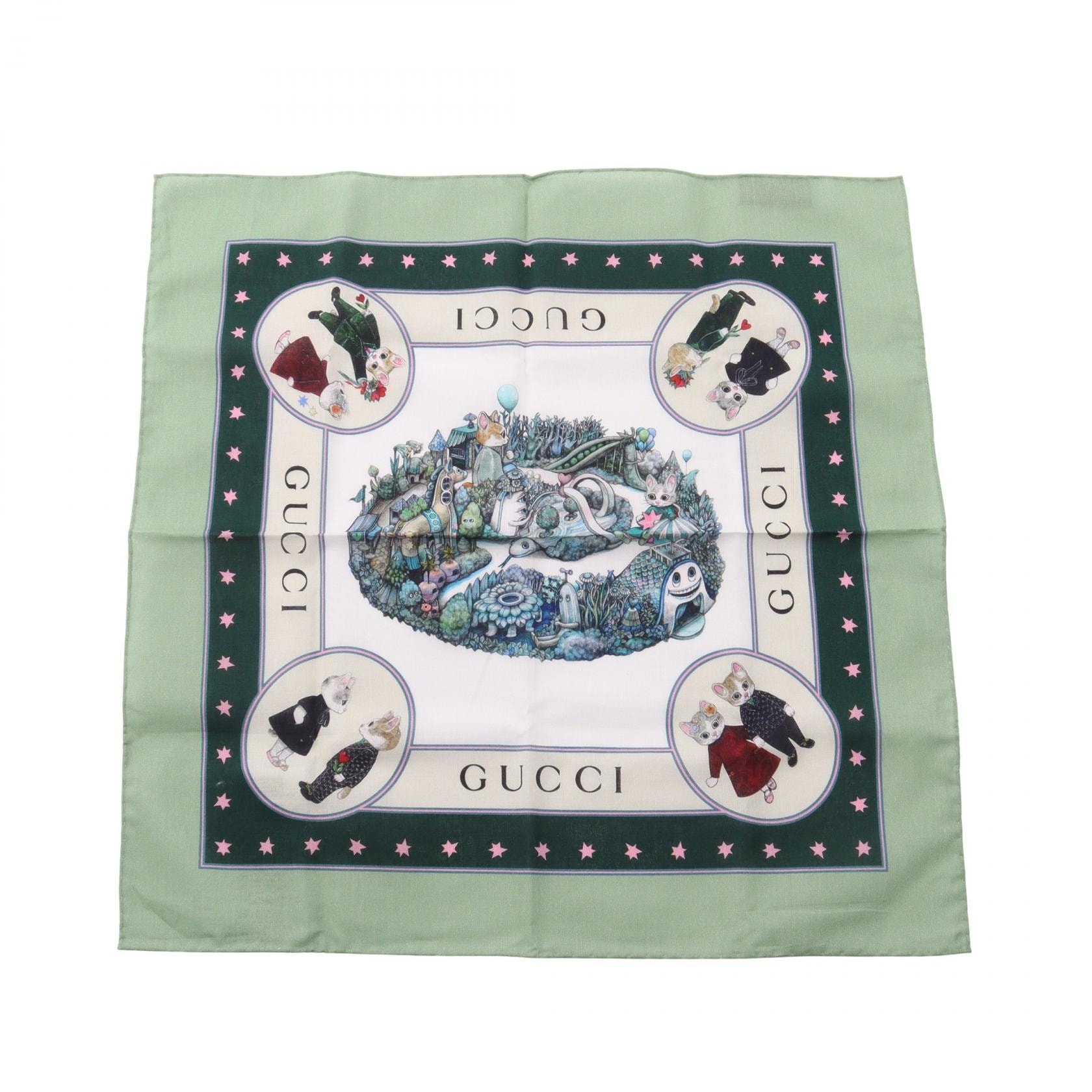 グッチ GUCCI ヒグチユウコ ハンカチ スカーフ 衣料品 コットン レディース ホワイト系 / グリーン系 / マルチカラー 【中古】