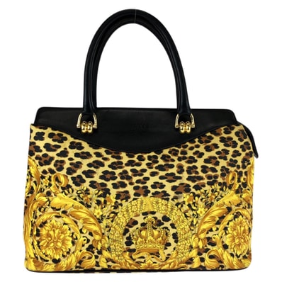 VERSACE ヴェルサーチ ヴィンテージ バロック イエロー ブラック ゴールド金具 PVC レザー/ ハンドバッグ ミニボストンバッグ 603682 【中古】