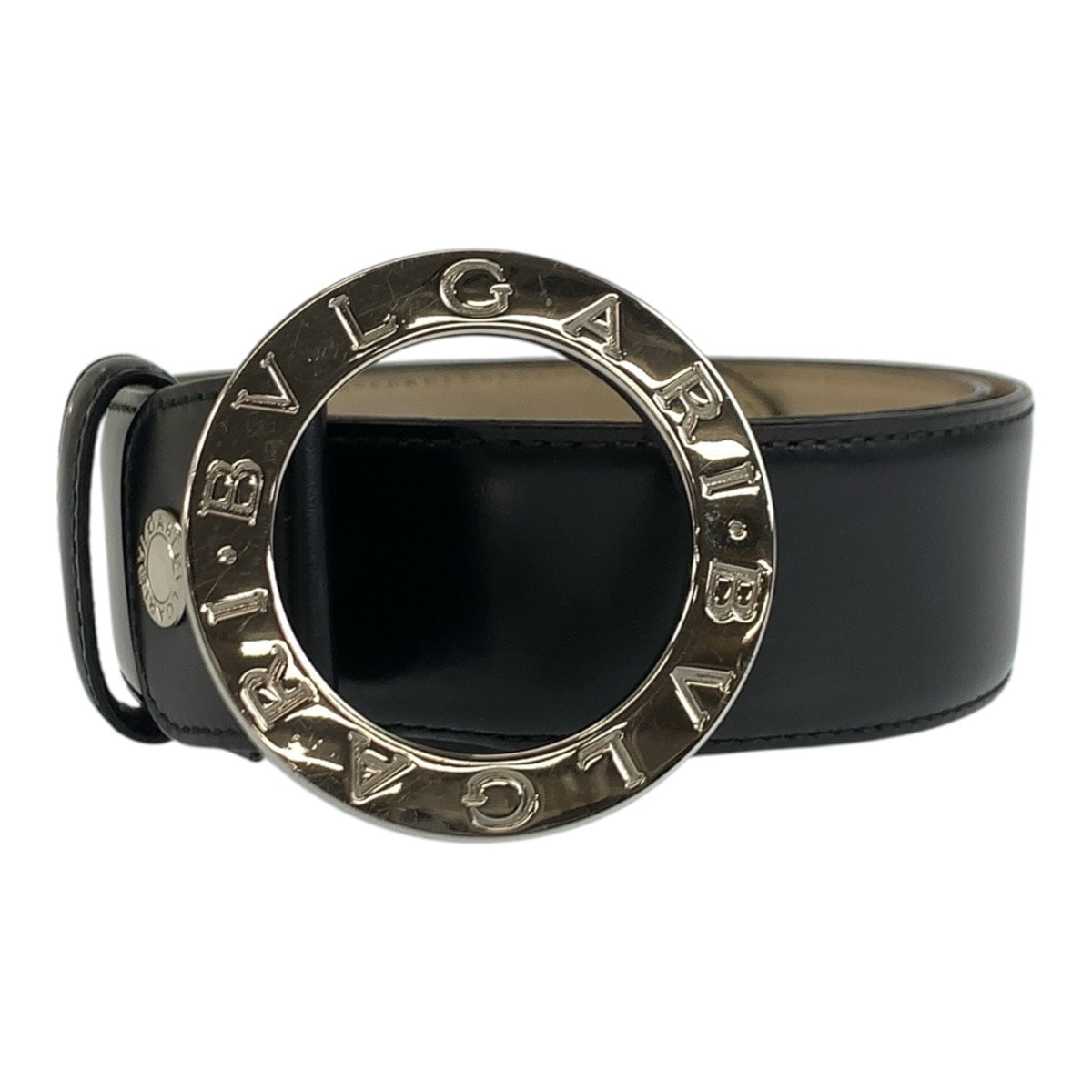 BVLGARI ブルガリ ブルガリブルガリ サークルロゴ 80cm ブラック 黒 シルバー金具 レザー ベルト 604399 【中古】