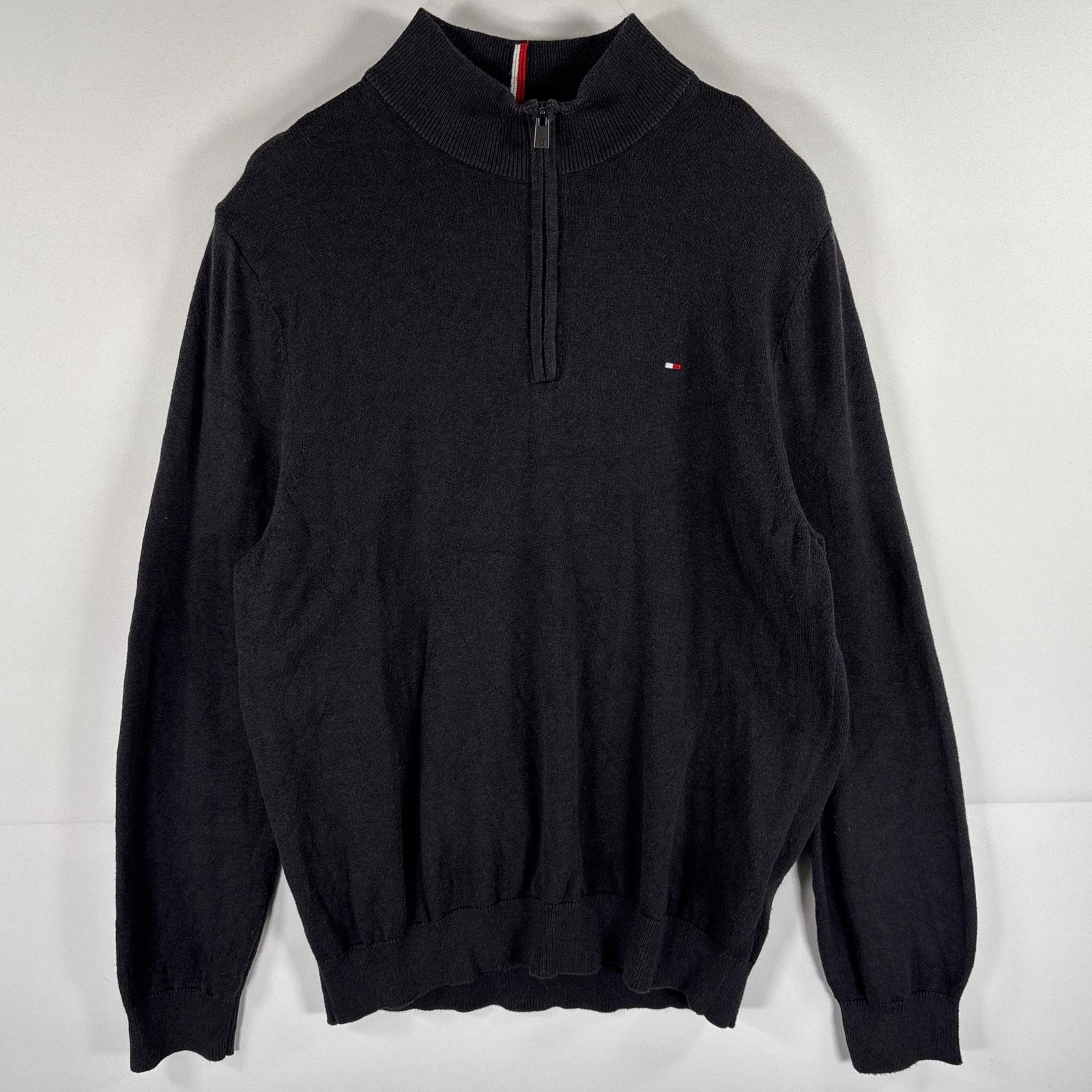 古着 トミーヒルフィガー TOMMY HILFIGER ニット ハーフジップ セーター ワンポイントロゴ 大きいサイズ XL  ブラック メンズ