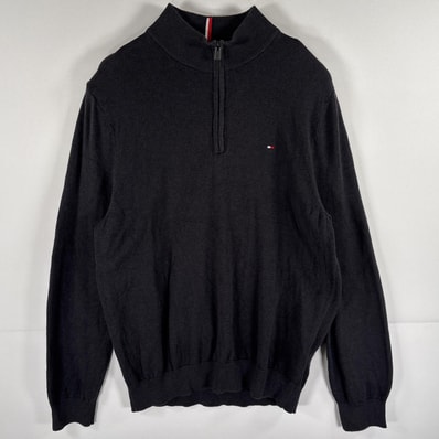 古着 トミーヒルフィガー TOMMY HILFIGER ニット ハーフジップ セーター ワンポイントロゴ 大きいサイズ XL ブラック メンズ