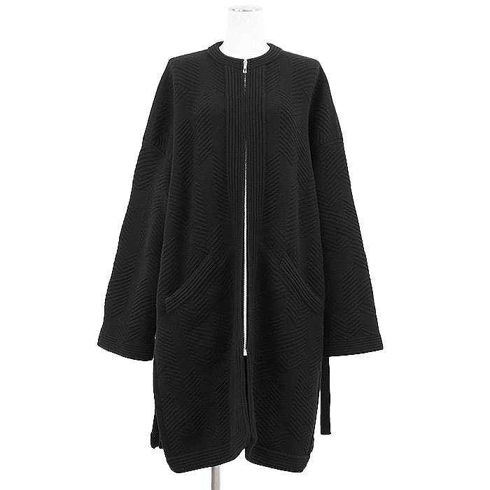 【美品】 エルメス 2023AW ウール100% ミドルゲージ サイドスリット ノーカラー ロングカーディガン ジャケット ニット ヘリンボーン オーバーサイズ ニット レディース ブラック 34 HERMES