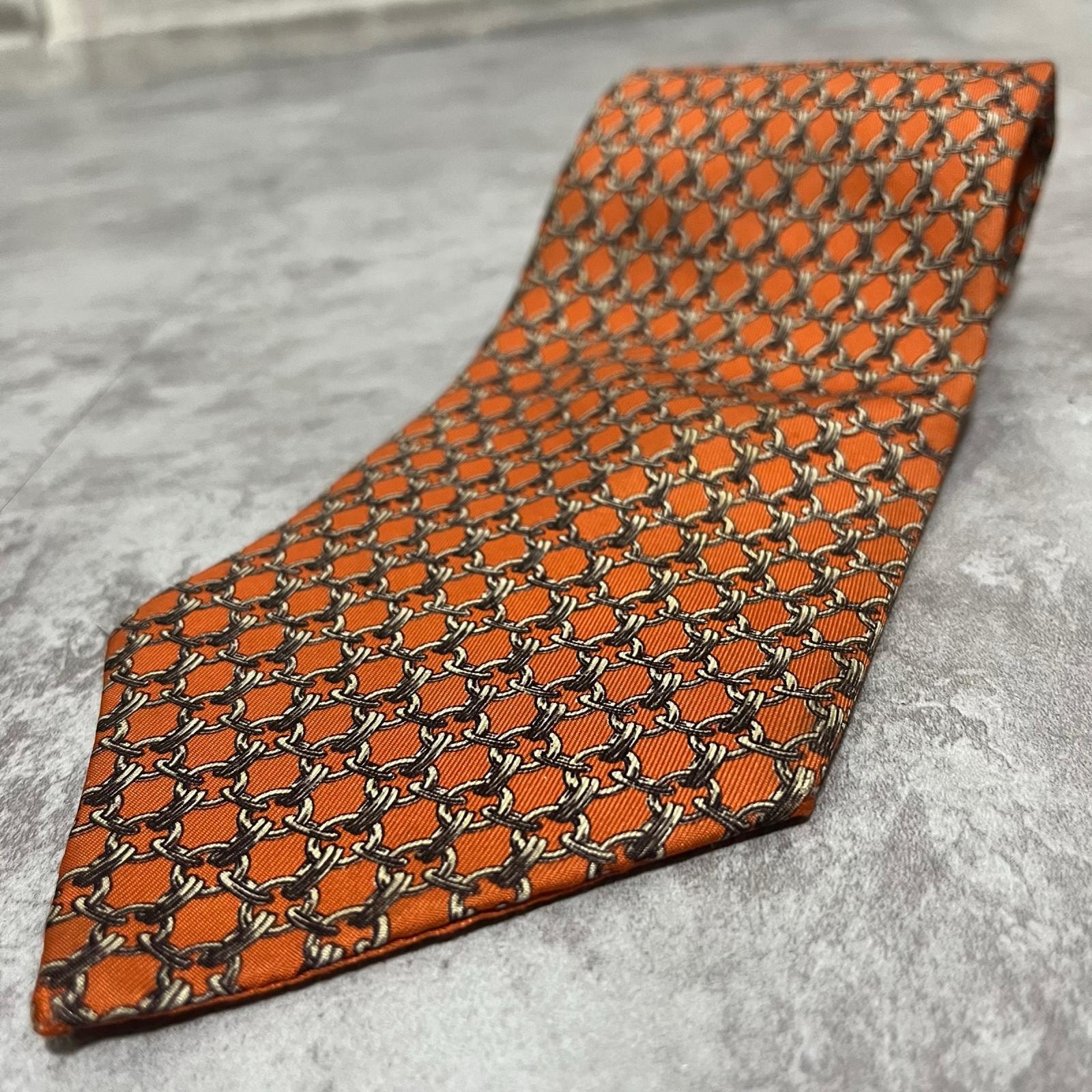 【HERMES】エルメス ネクタイ チェーン 鎖 リンク柄 格子 幾何学 オレンジ ブラウン フランス製 総柄 オールド ヴィンテージ メンズ 紳士