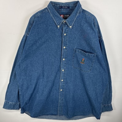 古着 チャップスラルフローレン CHAPS RALPHLAUREN デニム 長袖シャツ ボタンダウンシャツ ワンポイント ロゴ 刺繍 厚手 2XLT ブルー 無地 メンズ