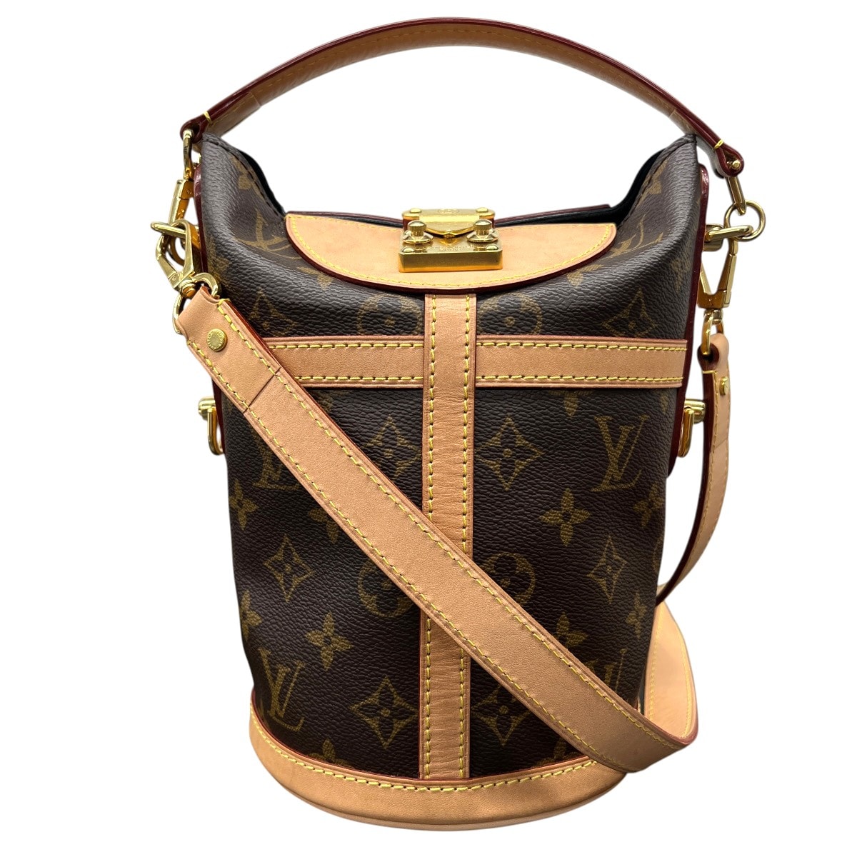 LOUIS VUITTON 美品 ルイヴィトン ダッフルバッグ モノグラム 2way ハンドバッグ ショルダーバッグ バケット M43587 PVC レザー DU3200/RFID確認済 ブラウン ミニバッグ LV ヴィトン ABランク 中古 鑑定済