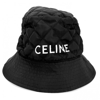 CELINE セリーヌ 帽子 キルティング バケットハット ナイロンツイル ロゴプリント ファッションアイテム Mサイズ 2AUB0930C ナイロン ブラック 黒 オレンジ メンズ【中古品】