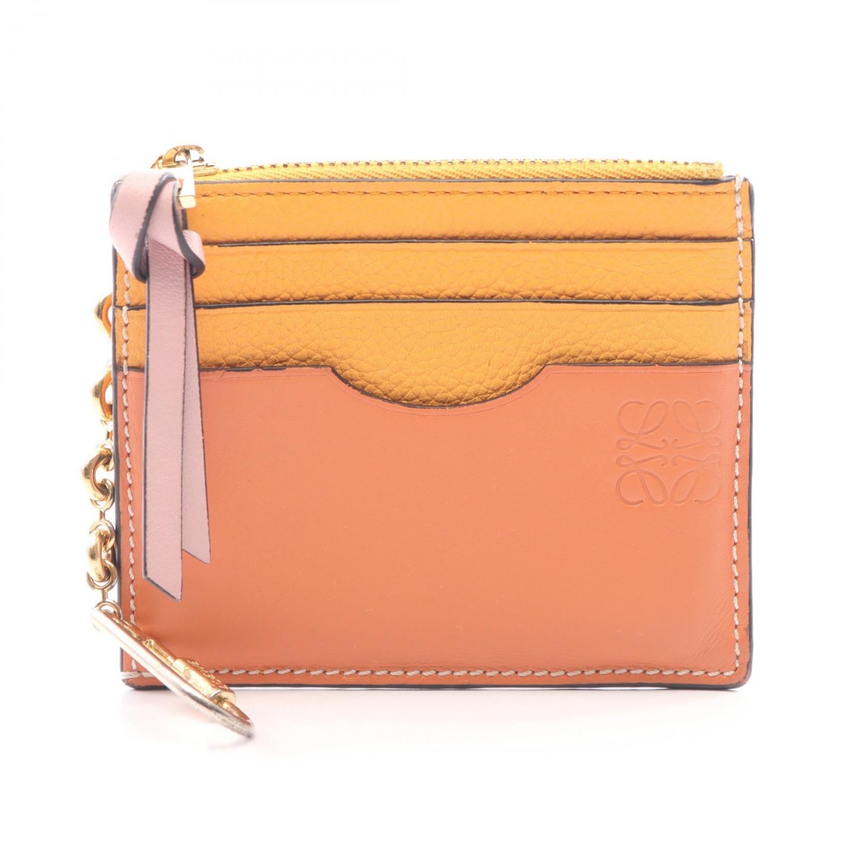 ロエベ LOEWE アナグラム スクエア コインカード ホルダー キーリング付き コインケース 財布 レザー レディース ブラウン系 / オレンジ系 / ピンク系 C821SQLX03 【中古】