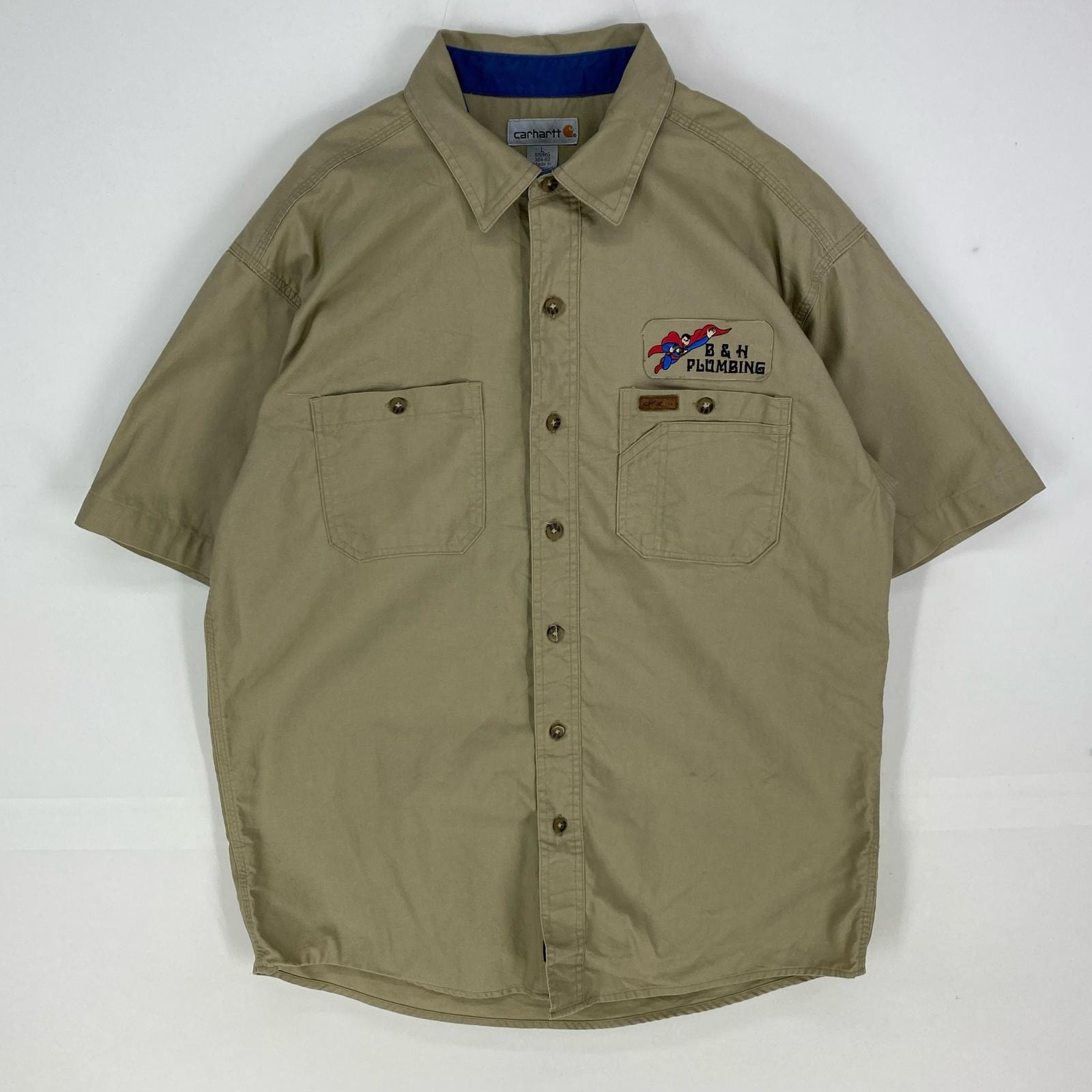 古着 カーハート Carhartt 半袖シャツ ワーク スーパーマン 胸ポケット ショートスリーブ L ベージュ系 メンズ