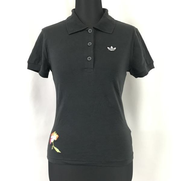 adidas/アディダス★花柄刺繍/半袖ポロシャツ【レディースM/black/黒】トレフォイル/スポーツ/ゴルフウェア/Tops/GOLF/Shirts◆sBH933