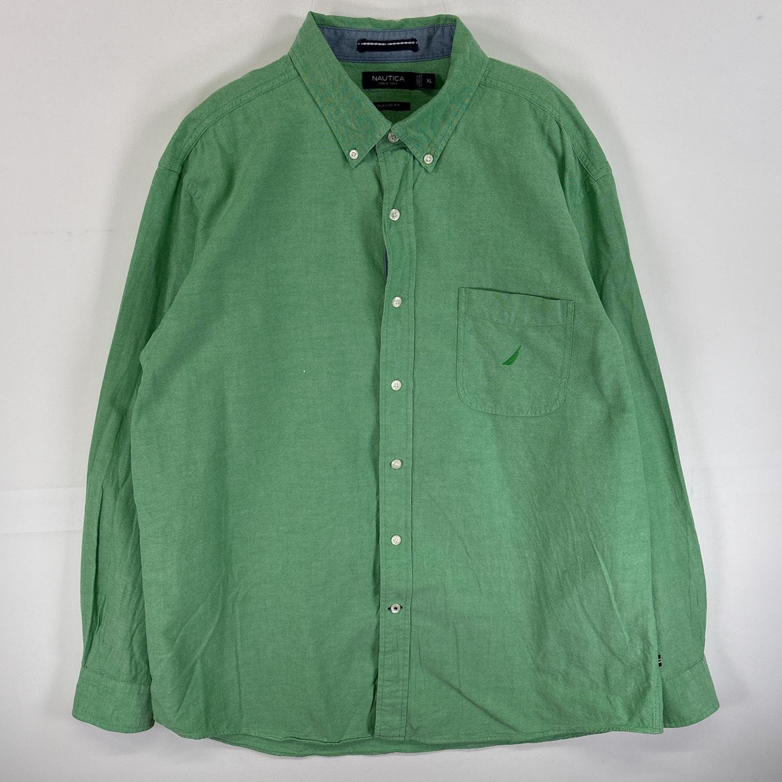 古着 ノーティカ NAUTICA 長袖シャツ オックスフォードシャツ ワンポイント ロゴ 刺繍 カラーシャツ XL  グリーン系 無地 メンズ