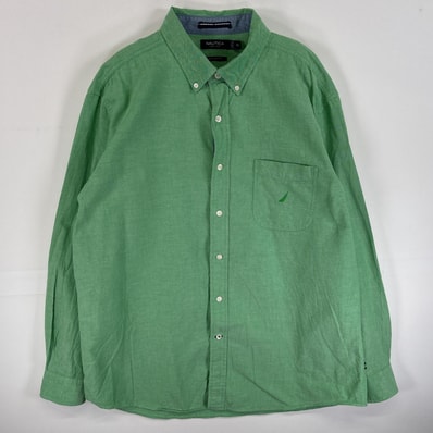 古着 ノーティカ NAUTICA 長袖シャツ オックスフォードシャツ ワンポイント ロゴ 刺繍 カラーシャツ XL グリーン系 無地 メンズ