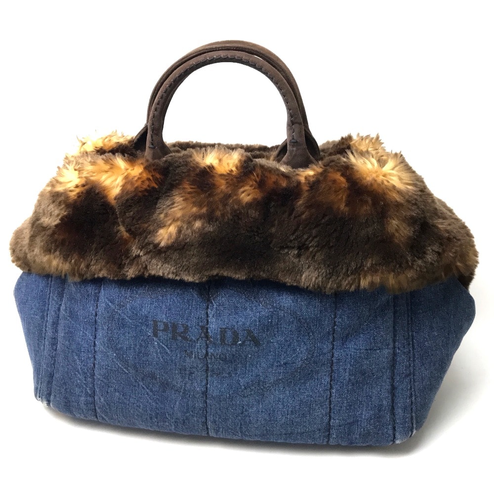 プラダ PRADA カナパ BN2182 ファー付きバッグ  カバン ハンドバッグ トートバッグ デニム ブルー ブルー