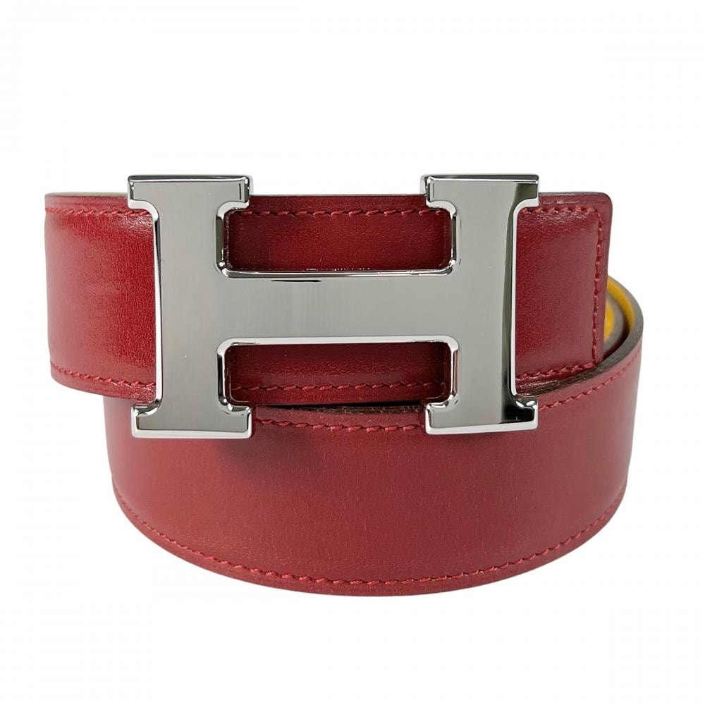 HERMES エルメス ベルト コンスタンス リバーシブル □C刻印 レザー    レッド 赤 イエロー シルバー金具 レディース 約100g 1999年【中古品】