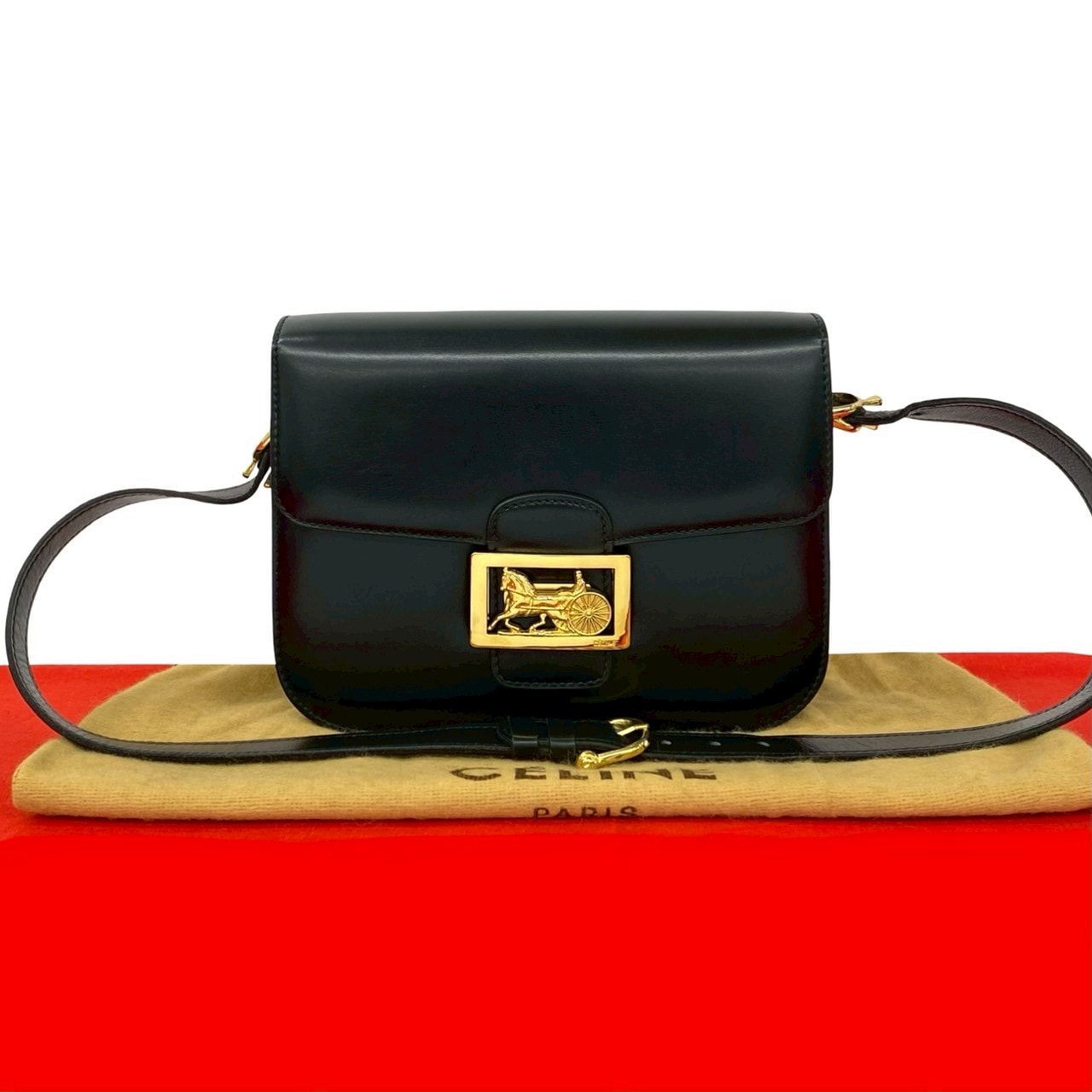 CELINE セリーヌ ロゴ 馬車金具 レザー ショルダーバッグ ブラック
 63809