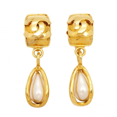 【6jdb0613】シャネル イヤリング ヴィンテージ ココマーク GPメッキ フェイクパール ゴールド【中古】レディース