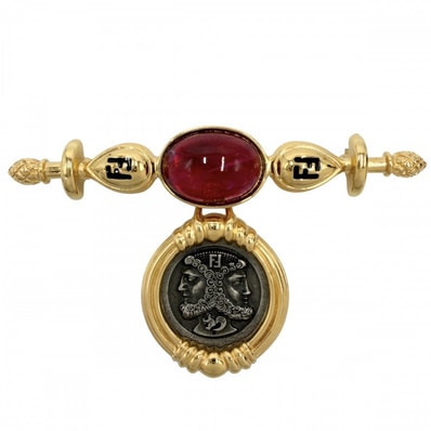FENDI フェンディ ブローチ FF アクセサリー カラーストーン ゴールド レディース 約30.4g【中古品】